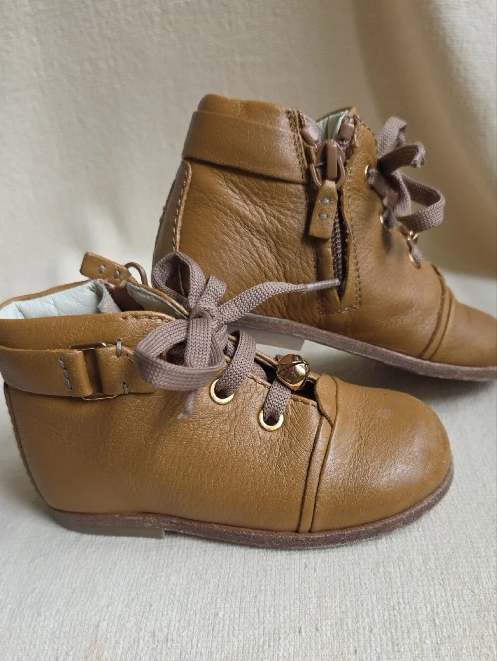 Kids Tan Leather Lace-Up Boots